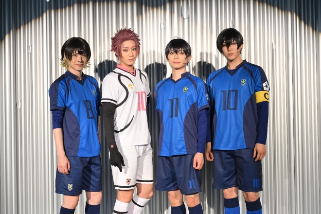 (From left) Nobunaga Sato, Hiroki Ino, Ryohei Takenaka, and Ryono Kusachi attend the press event following the final rehearsal for Blue Lock 4th STAGE